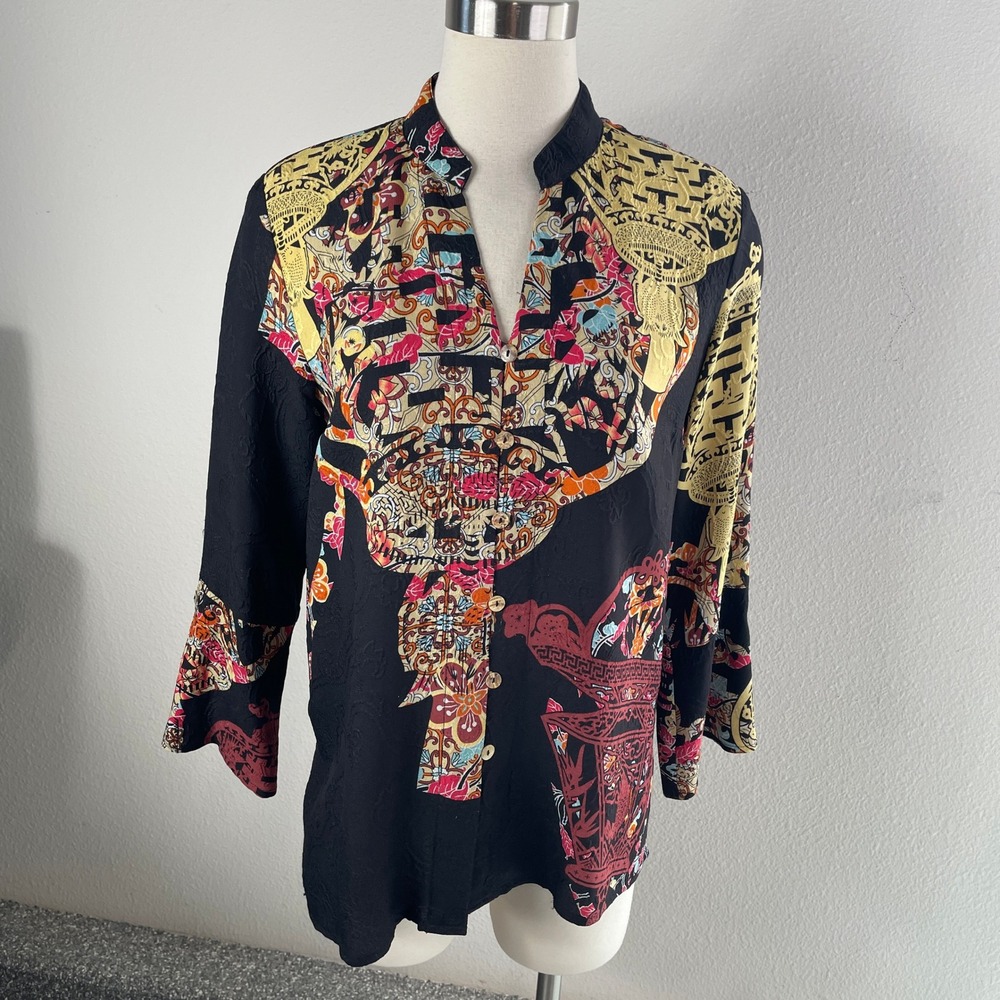 Citron Santa Monica Womens Medium 100% Silk Blouse Geisha Floral Mandarin Collar
